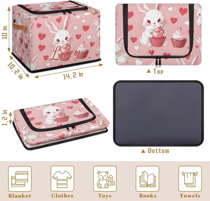 Custom Cute Rabbits Storage-Bin With Zipper Lid for Kids-Girls-Boys-Baby-Pet,Personalized Name Foldable Storage Box with Handle,Baby Basket With Label for Bedroom Nursery Toy Clothes,Pink