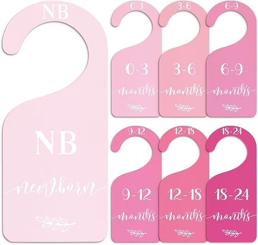 Whaline 7Pcs Pink Wood Baby Closet Size Dividers with Velvet Bag Newborn to 24 Month Thicken Infant Wardrobe Hanger Organizers for Home Nursery Party Favors Supplies