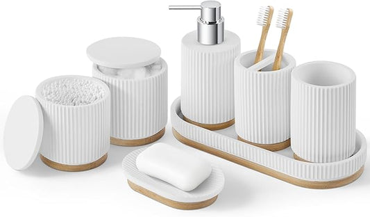7PCS Bathroom Accessories Set, with Soap Dispenser, Q-tip Holder, Toothbrush Holder, Tumbler, Soap Dish, Vanity Tray, Bathroom Set Complete Organizer Countertop for Modern Decor, White