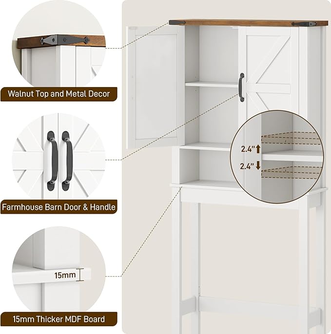 Over The Toilet Storage Cabinet, Farmhouse Over Toilet Bathroom Organizer with 2 Barn Doors, Narrow Above Toilet Storage Cabinet, Behind Toilet Bathroom Organizer (Rustic White)