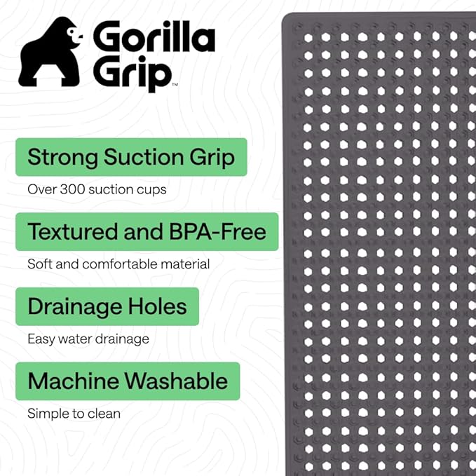 GORILLA GRIP Patented Bath Tub Shower Mat, Machine Washable Bathtub Floor Liner Mats, Suction Cups and Drain Holes to Keep Tubs Clean, Soft on Feet, Bathroom Essentials, 35x16 Inch, Charcoal Opaque