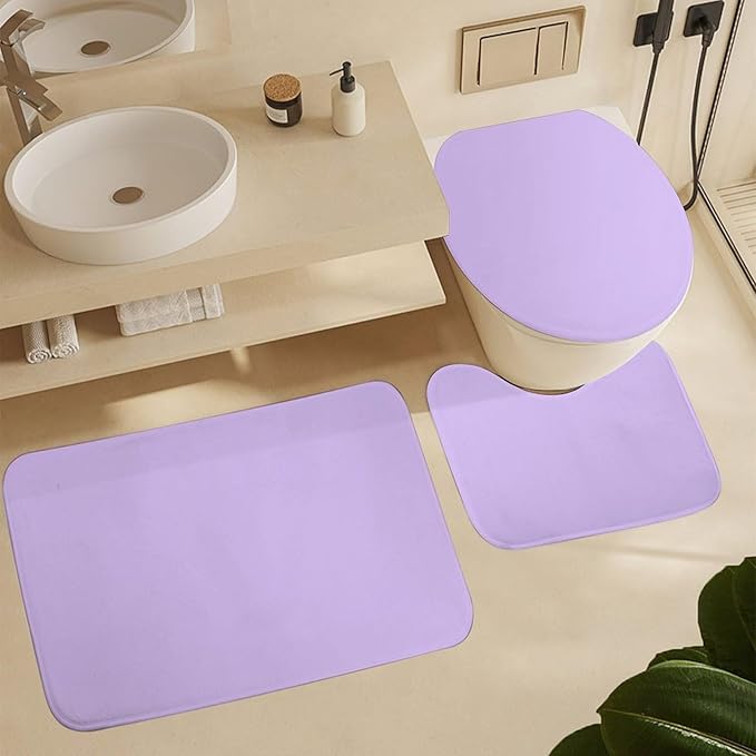 3 Pieces Bath Rug Sets, Light Lavender Trend Color Bathroom Mat Set Non Slip U Shaped Contour Rug & Toilet Lid Cover