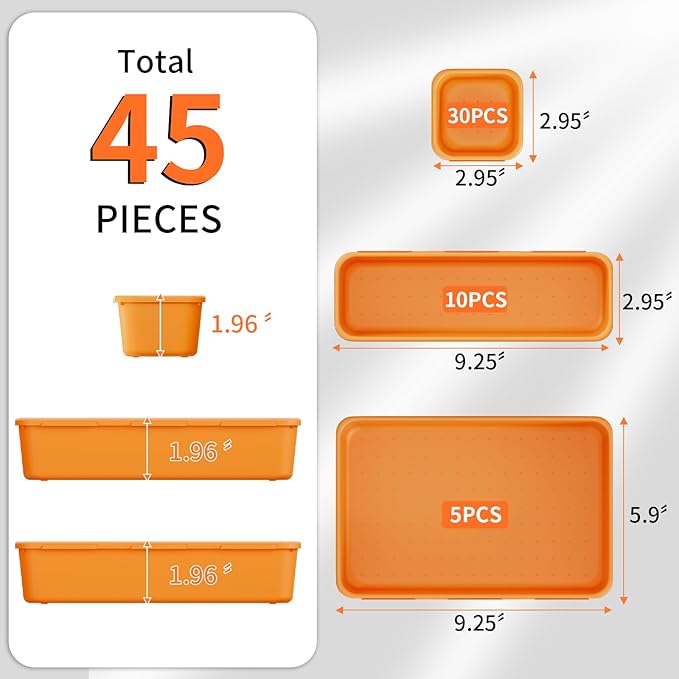 45 Pack Desk Drawer Organizer Tray, 3 Sizes Plastic Drawers Organizer Storage for Kitchen, Bathroom, Office, Vanity, Makeup, Utensils, Junk Drawer Organizer Bins, Gadget Trays for Organizing, Orange