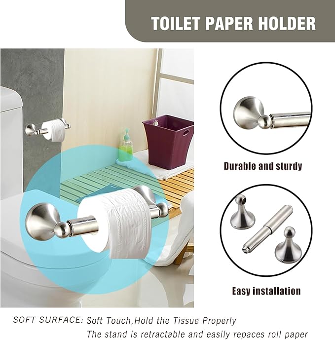 4-Piece Bathroom Hardware Set: Brushed Nickel Bathroom Accessory Set, Towel Bar,Towel Ring,Toilet Paper Holder,Robe Hook, Wall Mounted,Optional Install Longer or Shorter Towel bar