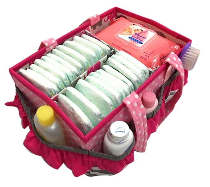 Bacati Elephants Girls Nursery Fabric Storage Caddy with Handles, Pink/Grey