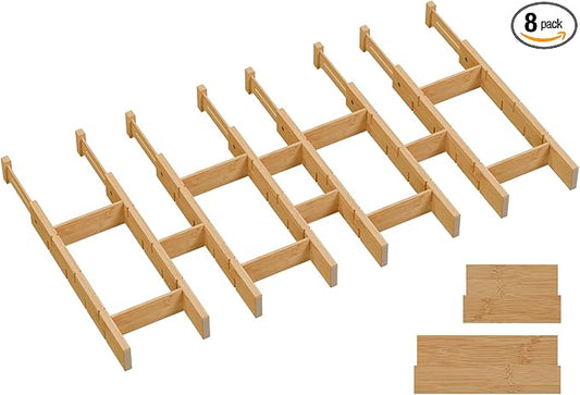 Kitchen drawer organizer,expandable bamboo drawer divider,include 8 dividers,8 small inserts and 8 medium inserts for Home, Office, Dressers (Long-8 Dividers)
