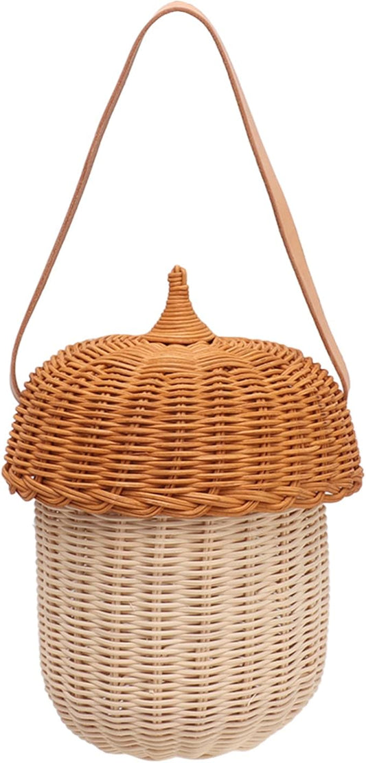 Rattan Storage Basket, Hand Woven Decorative Acorn Shaped Basket Bag Photography Props Decorative Basket for Boys Girls (Large Handbag)