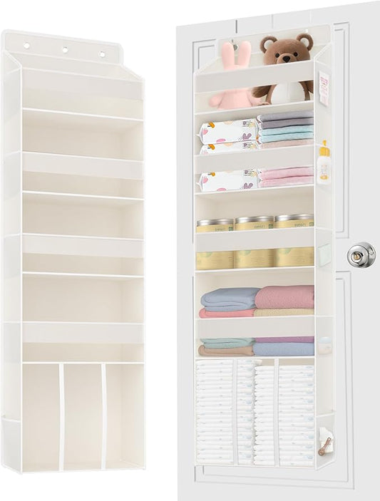 5-Tier Over The Door Organizer with 10 Mesh Pockets | Large Capacity Hanging Closet Storage for Baby Diapers, Toys, Nursery& Newborn Essentials (Beige)