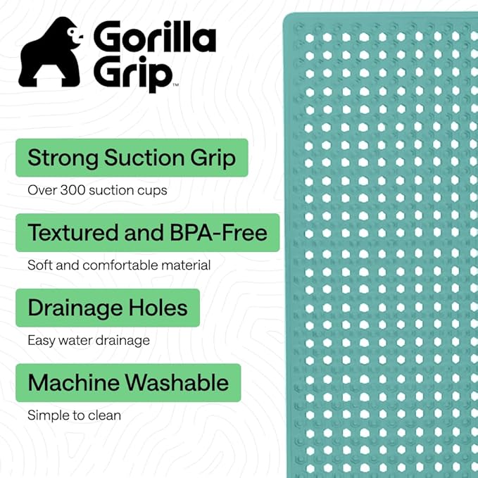 GORILLA GRIP Patented Bath Tub Shower Mat, Machine Washable Bathtub Floor Liner Mats, Suction Cups and Drain Holes to Keep Tubs Clean, Soft on Feet, Bathroom Essentials, 35x16 Inch, Turquoise Opaque