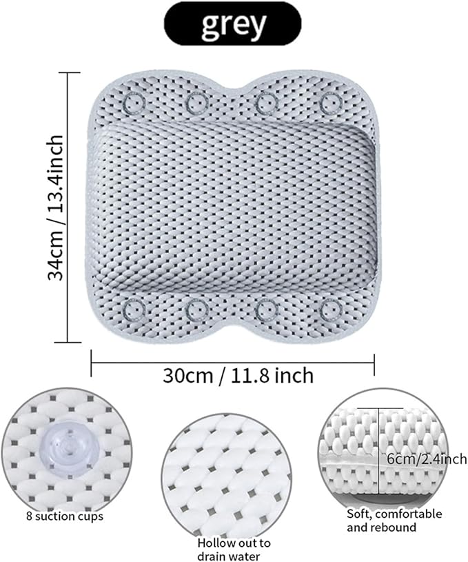 Bath Pillow Non Slip Spa Bathtub Head & Neck Rest Support, Headrest with Soft 4D Mesh Fabric, Permeable Quick Drying Air Mesh Tub Pillow with 8 Suction Cups Fits Any Tubs, Soft & Relaxing
