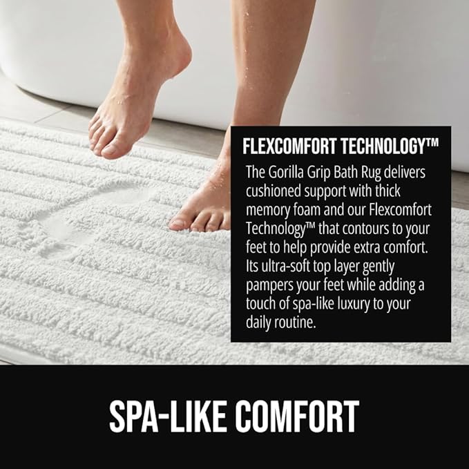 GORILLA GRIP Textured Backing Bathroom Rugs, Soft Memory Foam Absorbent Striped Bath Mats Set of 2, Machine Washable Fade Resistant, Floor Bathmat, Home Decor Shower Essentials, White 24x16 and 30x18