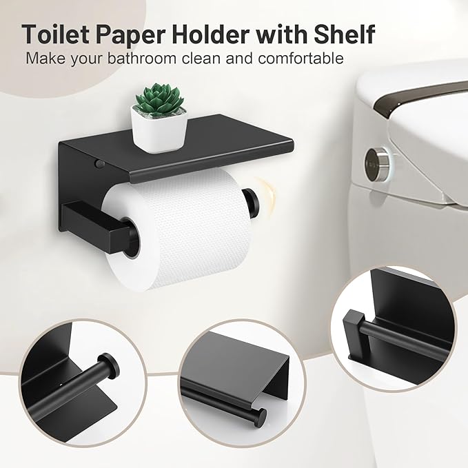 5-Piece Bathroom Hardware Set Black Gold Bathroom Hardware Accessories Set Upgraded Toilet Paper Holder with Shelf Towel Holder Set for Bathroom Stainless Steel Wall Mounted
