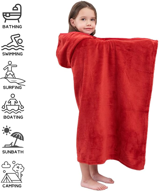 Hiturbo Kids Hooded Bath Towel: Soft Plush Pool Beach Fleece Towel Blanket - 50"x30" Toddler Towels Wrap for Boys Girls 3-12 Years (Red)