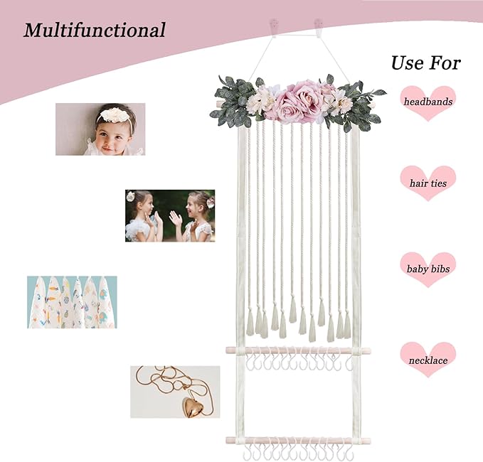 Headband Holder Bow Organizer for Girls, Hair Clips Bows Holder Baby Headbands Storage Personalized Hair Accessories Storage Organizer Wall Hanging Decor for Nursery Room Closet
