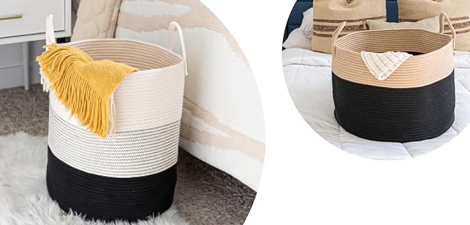 XL Cotton Rope Basket w/Handles + Large Landry Basket - BLACK