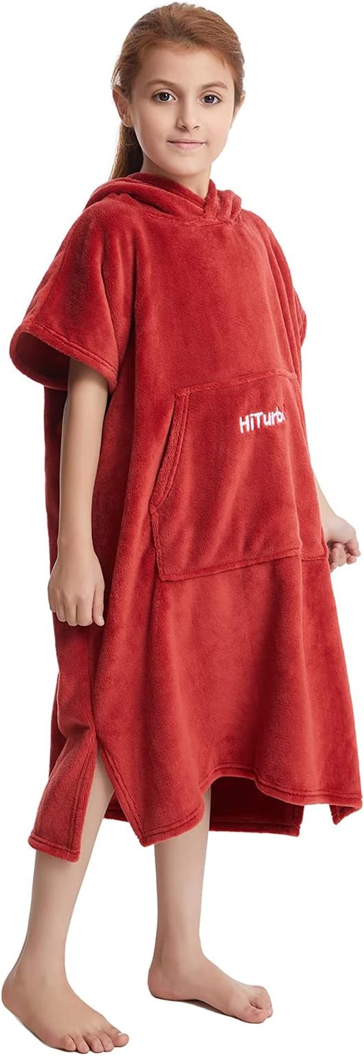 Hiturbo Kids Towel Changing Robe: Soft Plush Bath Towels - Warm Coral Fleece Hoodie - Swim Surf Poncho for 5-12 Years (Red)