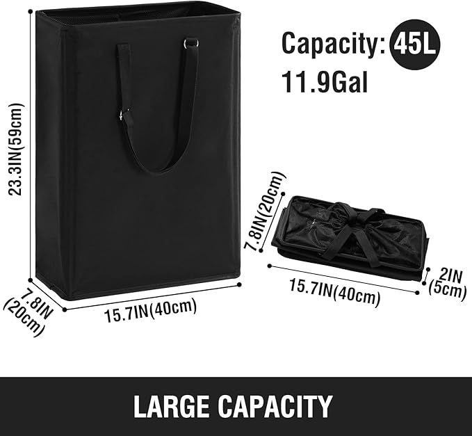 TECHMILLY Slim Laundry Hamper with Adjustable Long Handles, 45L Small Laundry Baskets with Mesh Top, Narrow Dirty Clothes Hamper for Bedroom, Closet, and Bathroom - Black, 2 Packs
