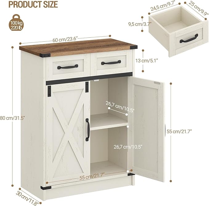 Bathroom Storage Cabinet, Freestanding Bathroom Floor Cabinet with Drawers & Doors, Farmhouse Buffet Cabinets with Adjustable Shelf, for Kitchen, Living Room, Entryway, White Brown SC62414X