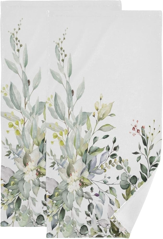 2 Pack Eucalyptus Hand Towels,Microfiber Absorbent Watercolor Sage Green Leave Bathroom Towels,Quick Drying Plant Floral Kitchen Towels,Leaf Hand Towels for Bathroom,Shower,Guest,Face 14"x28"