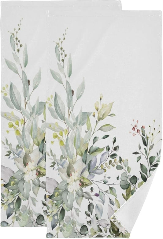 2 Pack Eucalyptus Hand Towels,Microfiber Absorbent Watercolor Sage Green Leave Bathroom Towels,Quick Drying Plant Floral Kitchen Towels,Leaf Hand Towels for Bathroom,Shower,Guest,Face 14"x28"
