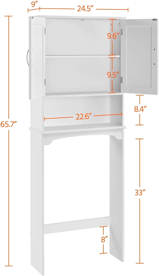 Topeakmart Over The Toilet Storage, Toilet Rack with Adjustable Shelf and Double Doors for Bathroom, 3 Shelves, White