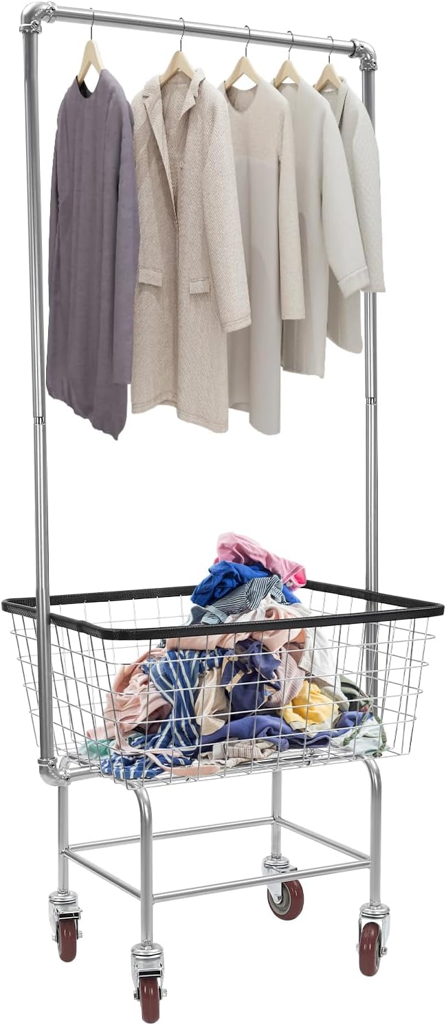 Laundry Cart,Steel Wire Laundry Cart,Laundry Basket With Wheels,Commercial Laundry Basket Cart Heavy Duty with Rod Rack 27x22x67in (A)