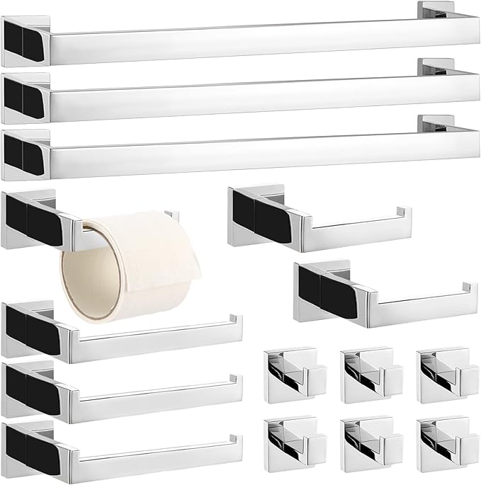 15 Pieces Bathroom Hardware Accessories Set, 23.6 Inch Stainless Steel Bath Towel Bar Set, Bathroom Hardware Set, Towel Racks for Bathroom Wall Mounted (Silver)