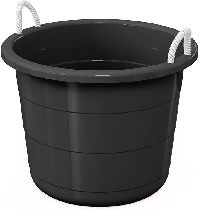 Flexible 17-Gallon Plastic Storage Tub with Rope Handles, Multi-Purpose Utility Bucket (Black)
