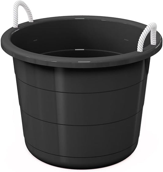 Flexible 17-Gallon Plastic Storage Tub with Rope Handles, Multi-Purpose Utility Bucket (Black)