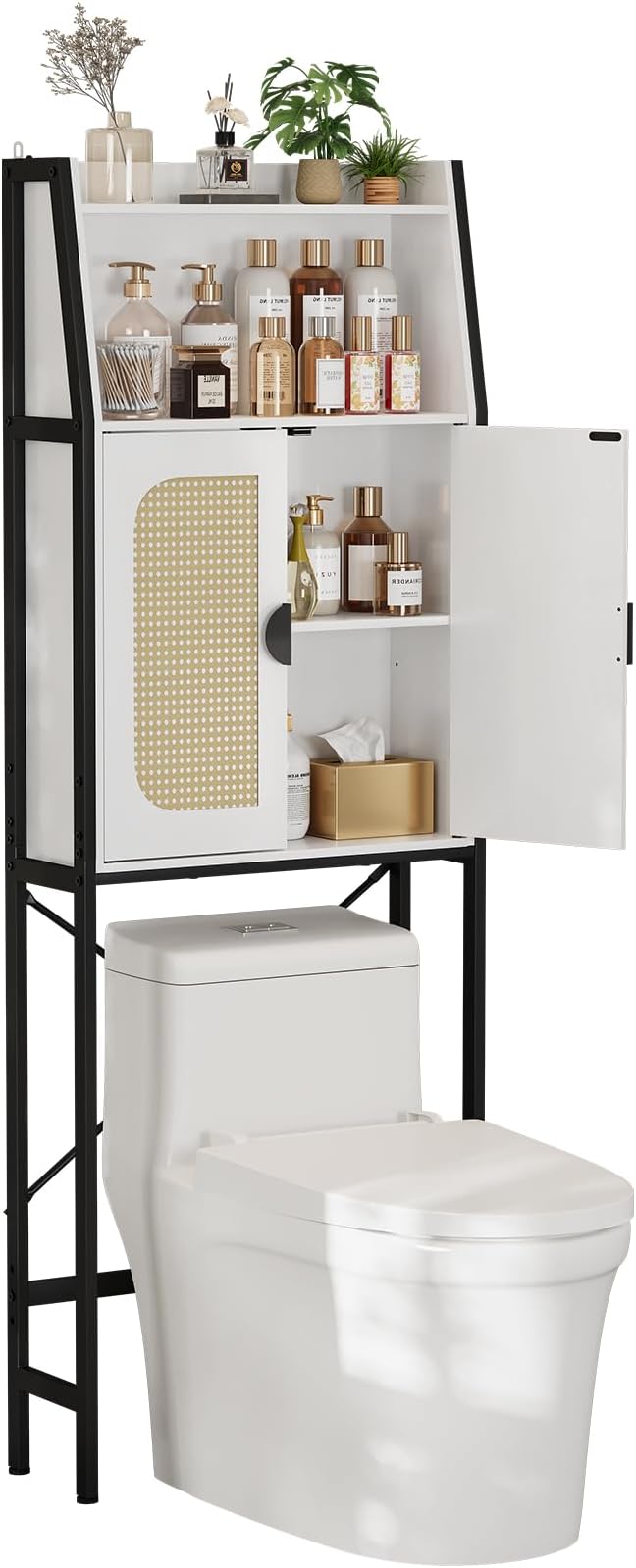 Over The Toilet Storage Cabinet with Rattan Doors, Bathroom Organizer with Adjustable Shelf, Metal Frame & Anti-Tip Device, Space-Saving Wood Cabinet for Bathrooms, Laundry Room, White