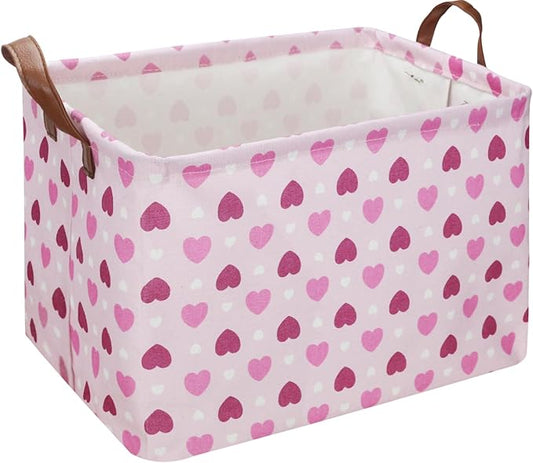 Rectangular Pink Heart Gift Basket Empty,Fabric Storage Basket with Handles,Kids Toys/Books Box,Lovely Storage Bin,Room Decor(Pink Love)