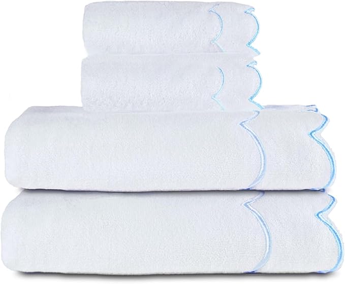 4 Set 100% Cotton Bath Towels Set 2 Bath Towels 2 Hand Towels Embroidered Decorative Scalloped Towels Soft Cute Towel for Bathroom (Blue)