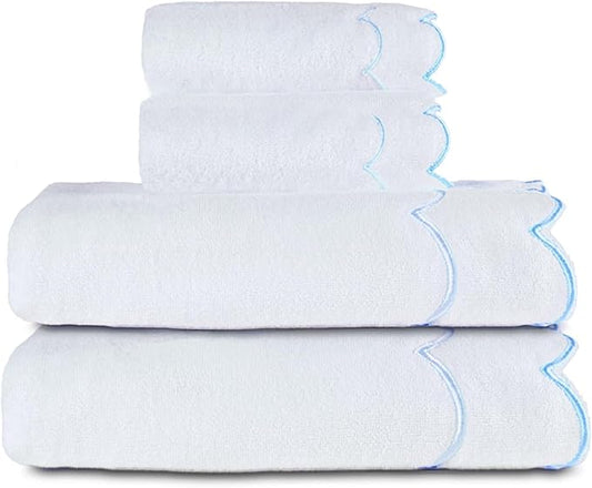 4 Set 100% Cotton Bath Towels Set 2 Bath Towels 2 Hand Towels Embroidered Decorative Scalloped Towels Soft Cute Towel for Bathroom (Blue)