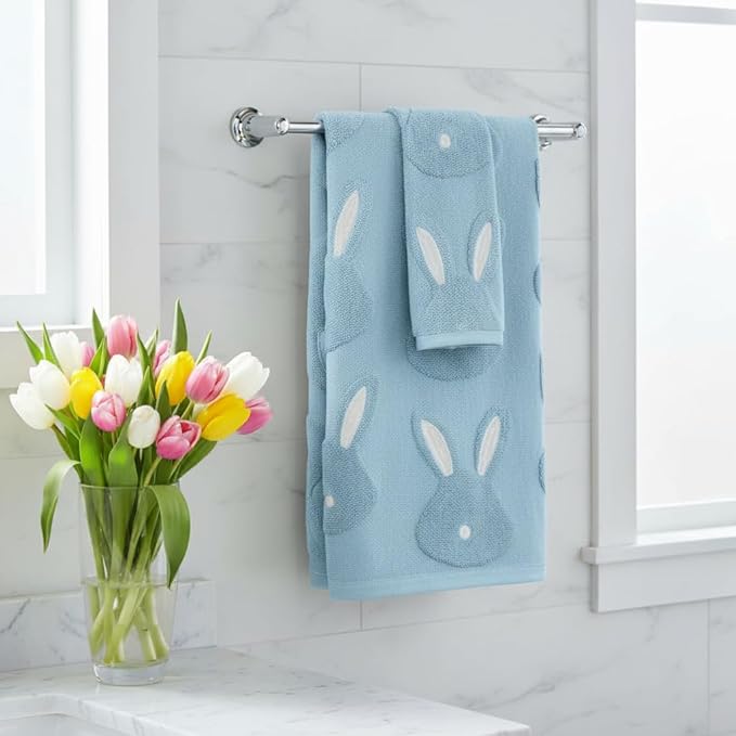 2pcs Easter Bunny Hand Towels Set 100% Cotton Soft Absorbent Spring Bathroom Hand Towels 14x29 Inch Cute Jacquard Easter Kitchen Decor Towels Holiday Kitchen Bathroom Decor Gift(Blue)