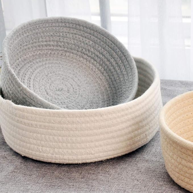 Cotton Rope Handmade Woven Home Storage Household Candy Toys Storage Basket Sundries Collection Box Candy Snack Food Tray SML Pack of 3 (Round, Grey)