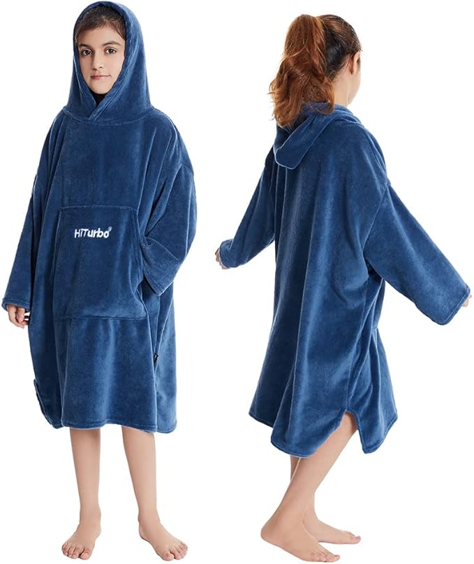 Hiturbo Kids Towel Changing Robe: Soft Plush Wearable Blanket - Warm Coral Fleece Hoodie - Swim Surf Poncho for 5-12 Years (Navy)