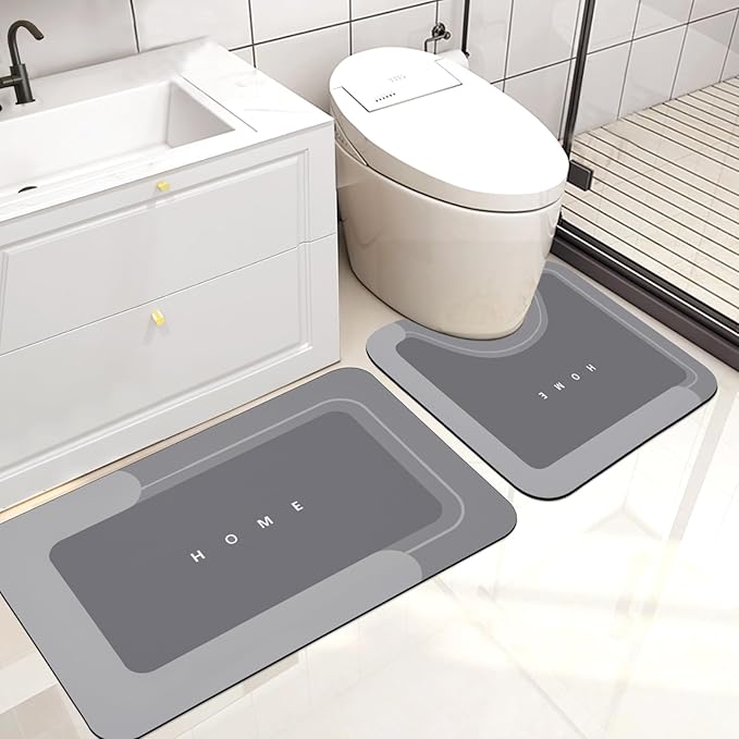 2PCS Absorbent Bath Mat Magic Rug Sets, Quick Drying Bath Mat Non-Slip Floor Rug Rubber Backed for Bathroom Kitchen Shower Sink, Water Absorbent (19.7''x23.6''+19.7''x31.9'', Dark Gray)
