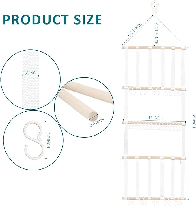 48" X 15" Headband Holder, Baby Headband Organizer w/16Pcs Cotton Ribbons, 40Pcs S Hooks, 1Pc Non-Trace Hook & 1Pc Cotton Rope, Bow Holder for Girls Hair Bows for Wall, Door or Closet