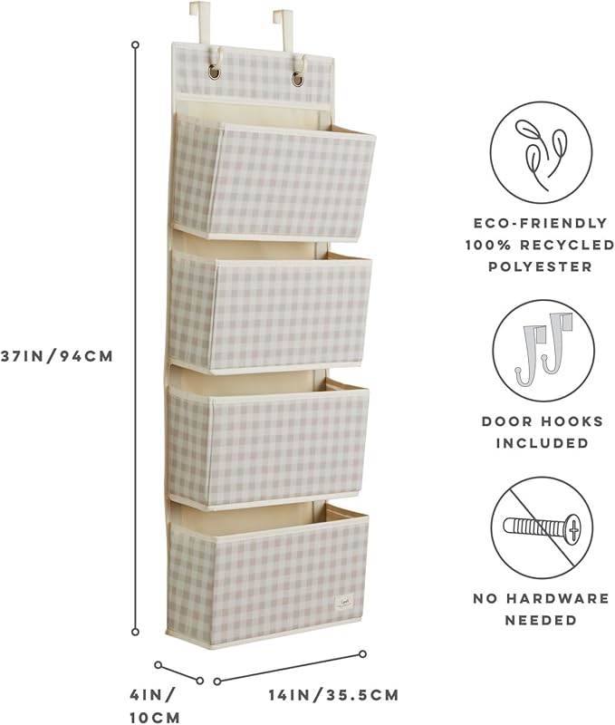 3 Sprouts Over the Door Organizer -Hanging Baby Organizers & Storage with 4 Large Pockets & 2 Hooks for Baby Clothes, Toy, Stuffed Animal -Newborn Essential for Nursery & Toddler Rooms - Gingham Beige
