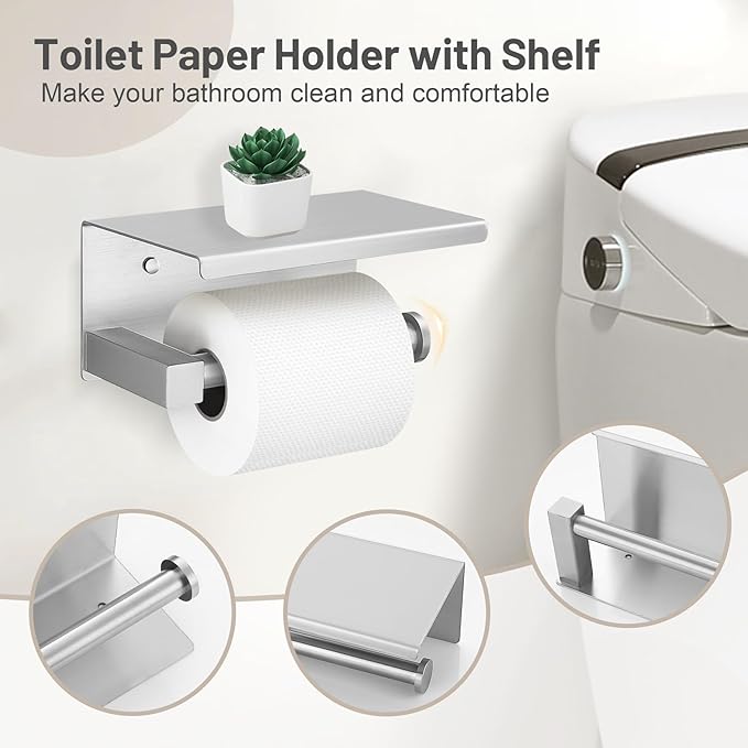5-Piece Bathroom Hardware Set Brushed Nickel Bathroom Hardware Accessories Set Upgraded Toilet Paper Holder with Shelf Towel Holder Set for Bathroom Stainless Steel Wall Mounted