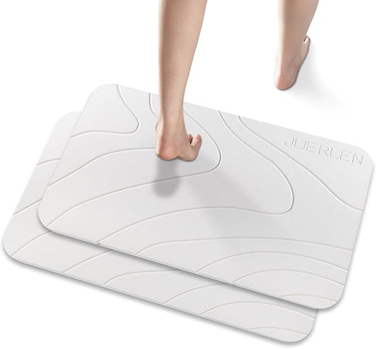 2 Pack Diatomaceous Earth Shower Mat, Stone Bath Mat, Nonslip Super Absorbent Fast-Drying Hard Bath Mat for Bathroom Shower Floor, 24 x 16 inch, White Wave Design