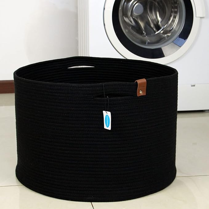 Casaphoria XXXLarge Cotton Rope Basket for Living Room - Woven Storage Basket with Handle for Blankets, Towels and Pillows Laundry Hamper | Dark Black (21" x 21" x 13.8")