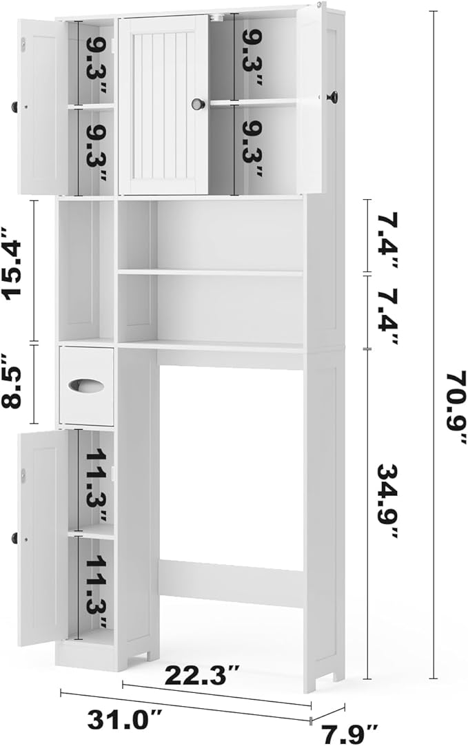 Ahomly Over The Toilet Storage Cabinet with Adjustable Shelves and Five Doors, Over Toilet Bathroom Organizer, Above Toilet Storage Cabinet with Open Shelves for Bathroom, Restroom, Laundry, White