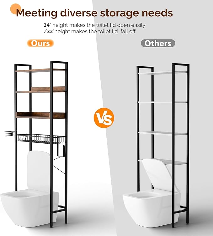 VINGLI Over-The-Toilet Storage Rack,4 Tier Bathroom Shelf Organizer Adjustable with Basket and Paper Holder,Freestanding Bathroom Space Saver Matal Stand with Feet Pad Above Toilet,Rustic Brown