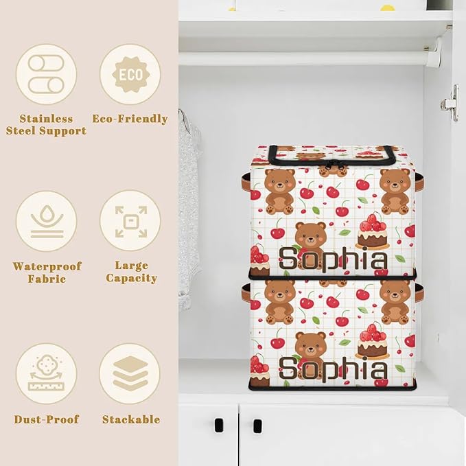 Custom Cute Bear Storage-Bin With Zipper Lid for Kids-Girls-Boys-Baby-Pet,Personalized Name Foldable Storage Box with Handle,Baby Basket With Label for Bedroom Nursery Toy Clothes,White 2