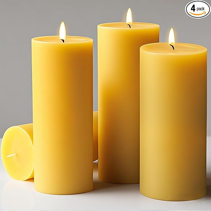 4 Pack Natural Beeswax Candles, 2.8x6inchs 380 Hours Long Burning Emergency Candle 100% Pure Beeswax Pillar Candle, Unscented Organic Bees Wax Candles for Home, Prayer, and Celebrations (2.8x6in)