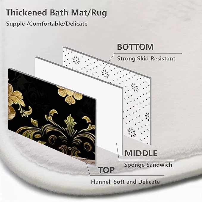 4Pcs Luxury Damascus Gold Flower Pattern Shower Curtain Set with 12 Hooks Non-Slip Rugs,Toilet Lid Cover and Bath Mat,Dark Gold Bathroom Decor for Hotel & Home Bathroom