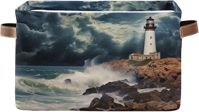 YETTASBIN Lighthouse Storage Basket 1pc, Large Collapsible Toys Clothes Organizer, Durable Canvas Storage Bin with Handle for Shelves Closet Laundry Home Office Decor