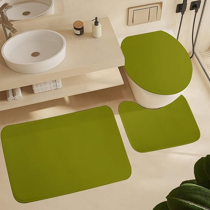 3 Pieces Bath Rug Sets, Olive Green Color Bathroom Mat Set Non Slip U Shaped Contour Rug & Toilet Lid Cover