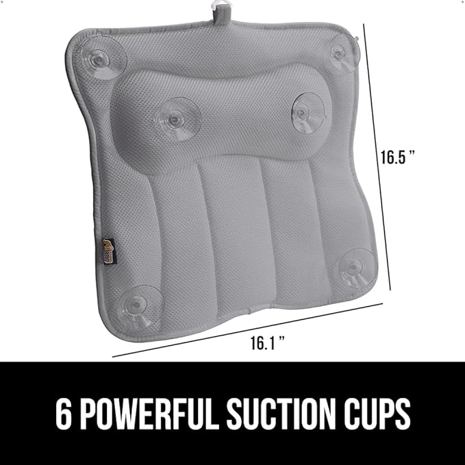GORILLA GRIP Bath Pillow for Tub, Strong Suction Cups, Headrest with Mesh FlexComfort Technology, Neck, Head and Back Support, Luxury Machine Wash Bathtub Pillows, Spa Essential Accessories, Gray